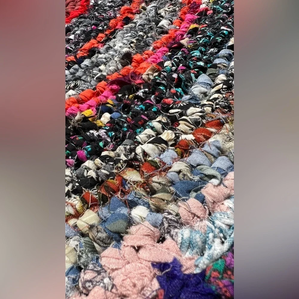 Handmade bohemian crochet upcycled door mat small round floor mat Sz 34